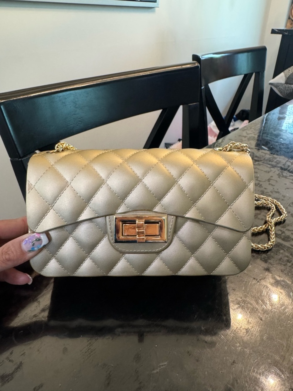 Quilted Metallic Gold Chain Shoulder Bag